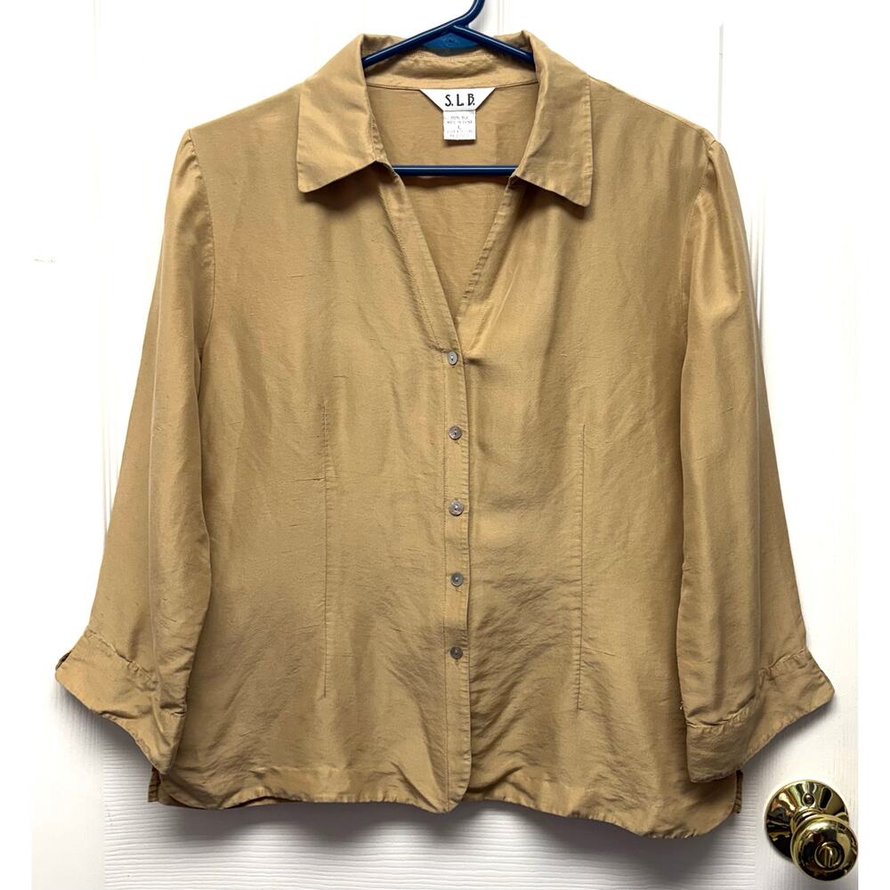 SLB Blouse 100% Silk Tan Gold Button Front Womens Large Lightweight Top